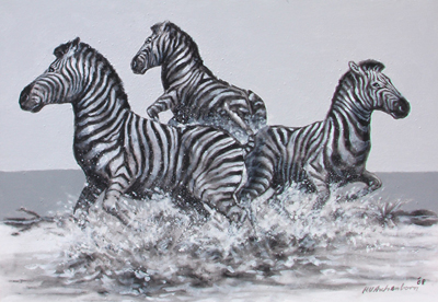 Bild Drei auseinanderstiebende Zebras am Wasserloch von Uli Aschenborn